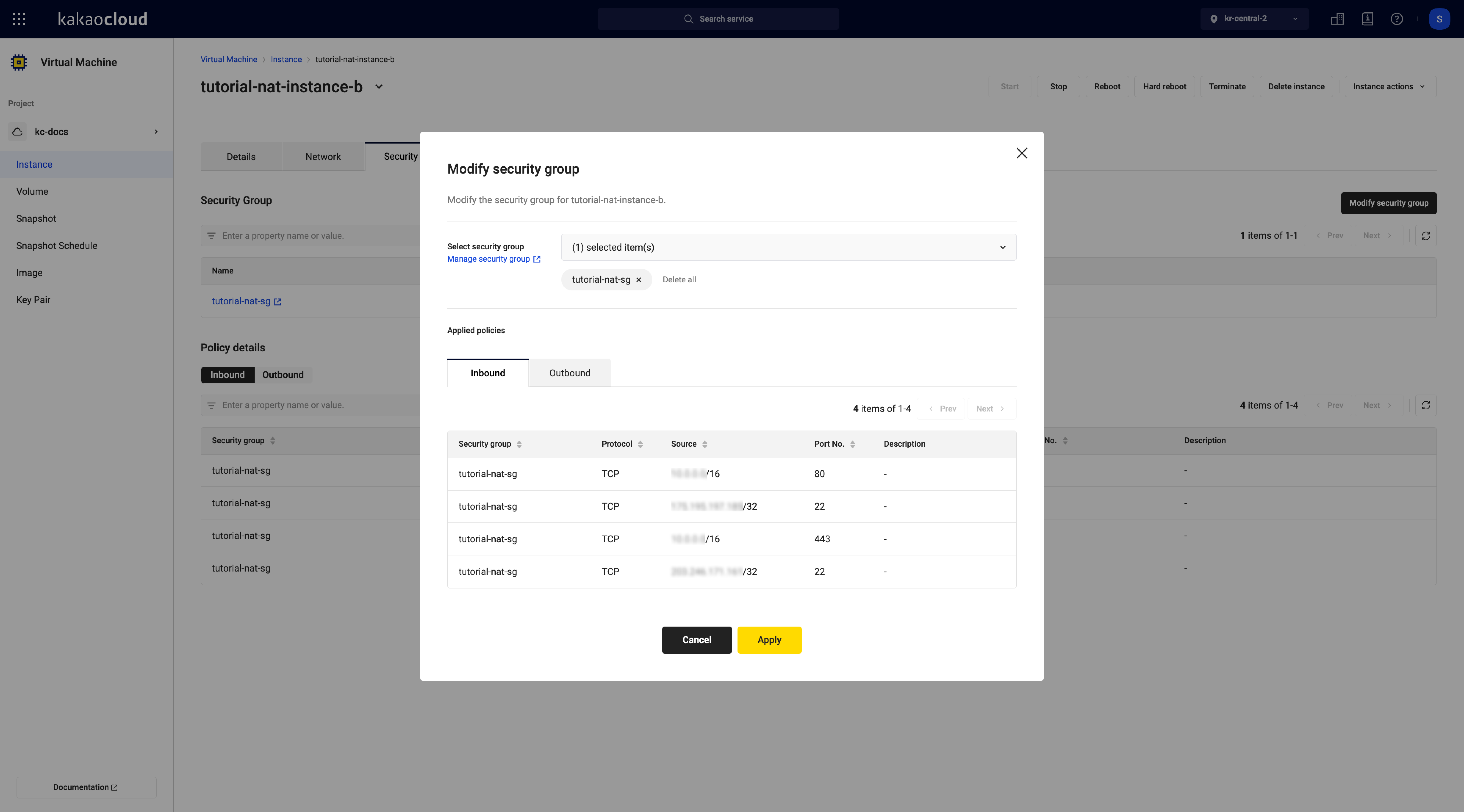 image. security group Settings